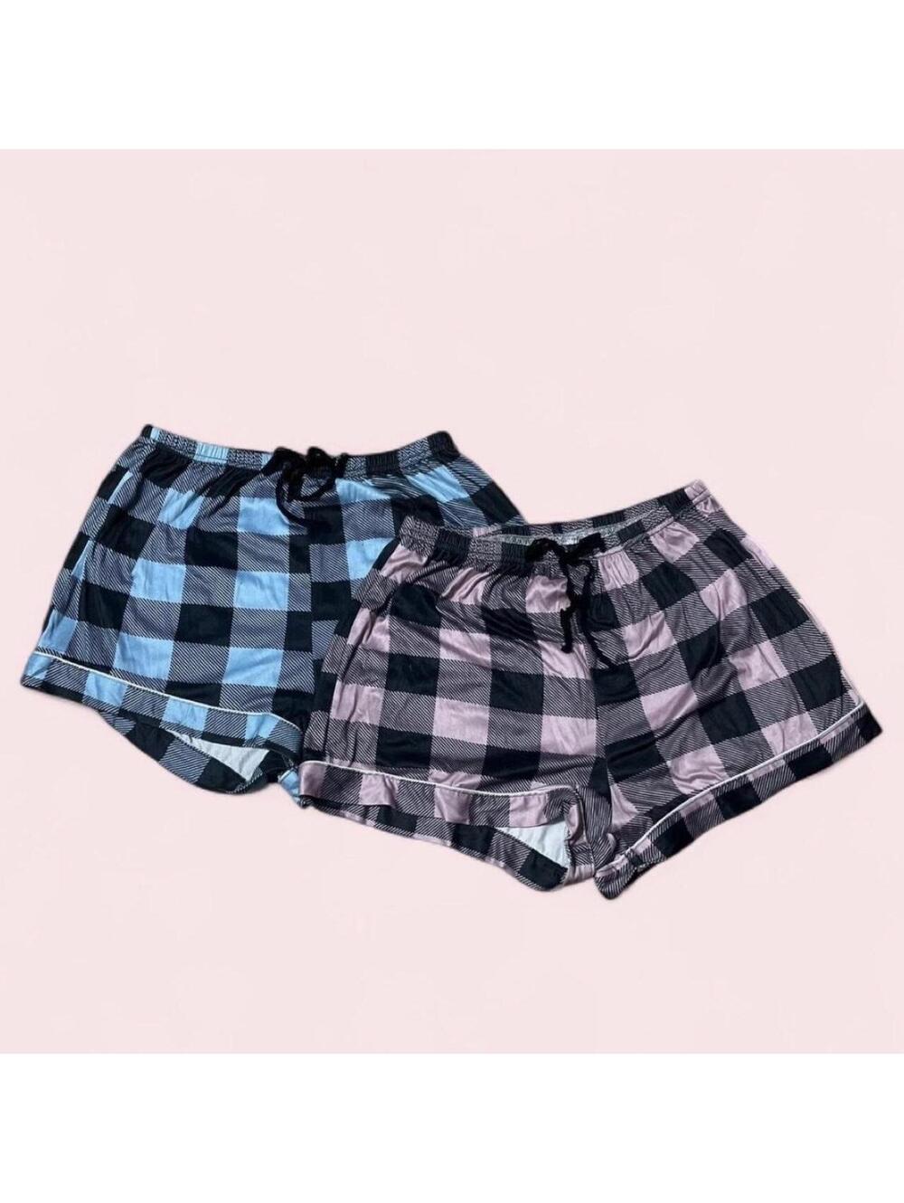 S-M blue and pink plaid shorts with adjustable waistband